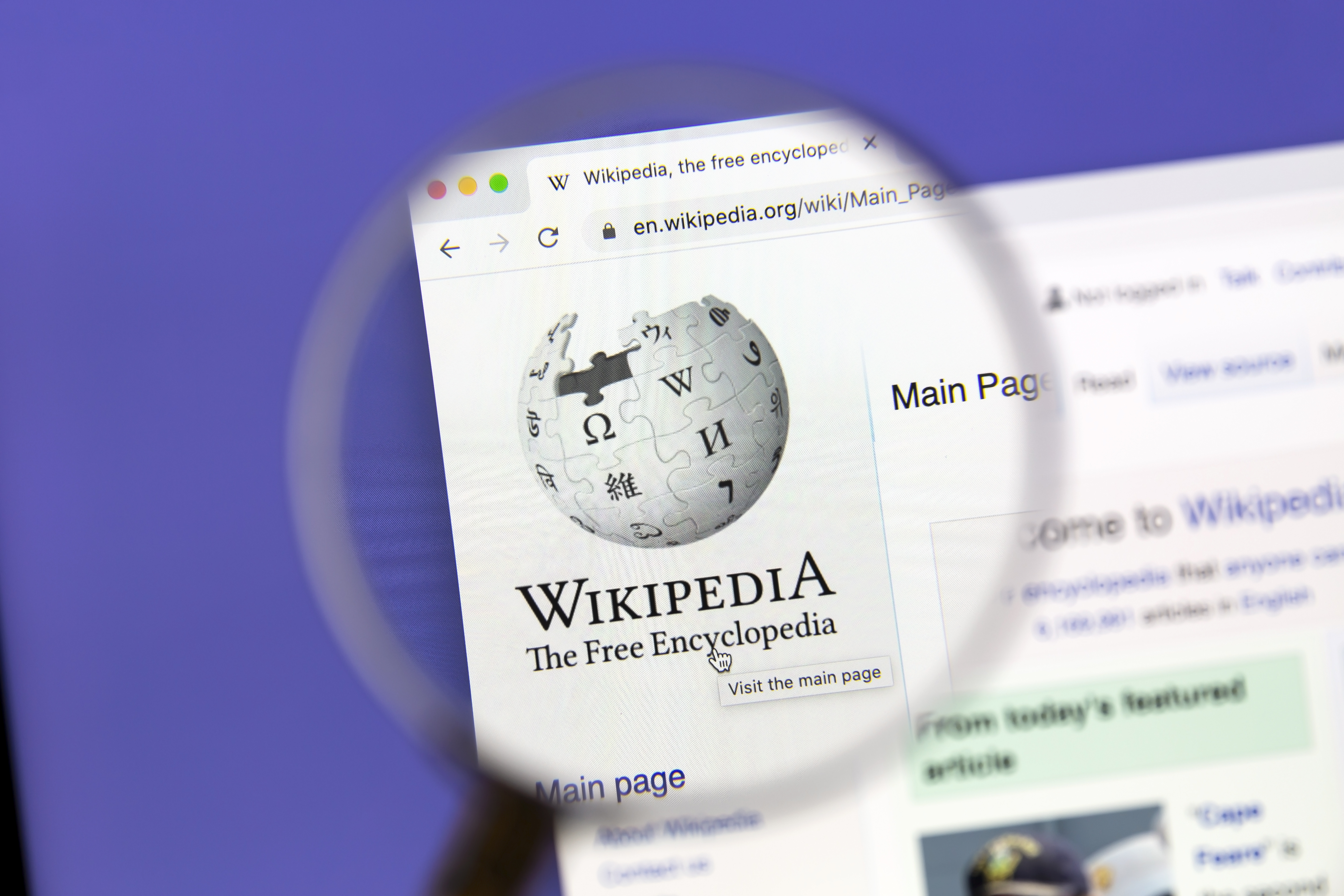 Wikipedia website under a magnifying glass.