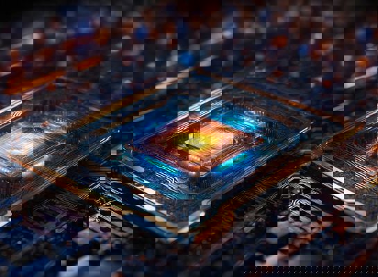 Photonic integrated chip in blue and orange colour scheme.
