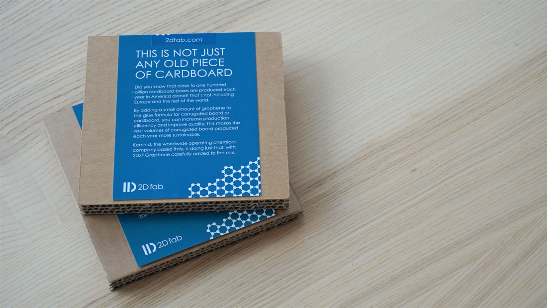 A sample of corrugated cardboard with 2D fab’s graphene, which was on display during Graphene Week 2022 in Munich (Credit: SIO Grafen).